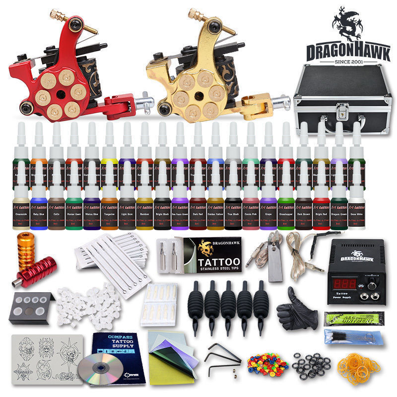 Dragonhawk Tattoo Kit Machine Guns Color Inks Power Supply Needles